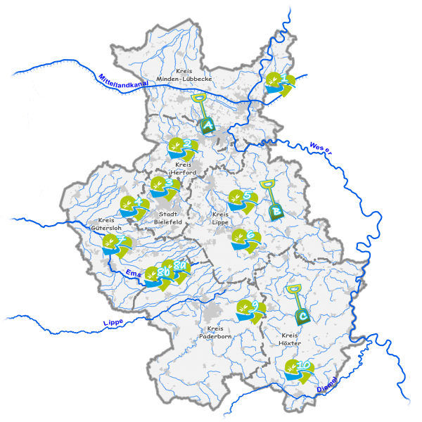 Das Bild zeigt eine Karte vom Regierungsbezirk Detmold mit der Lage der vorgestellten Maßnahmen.