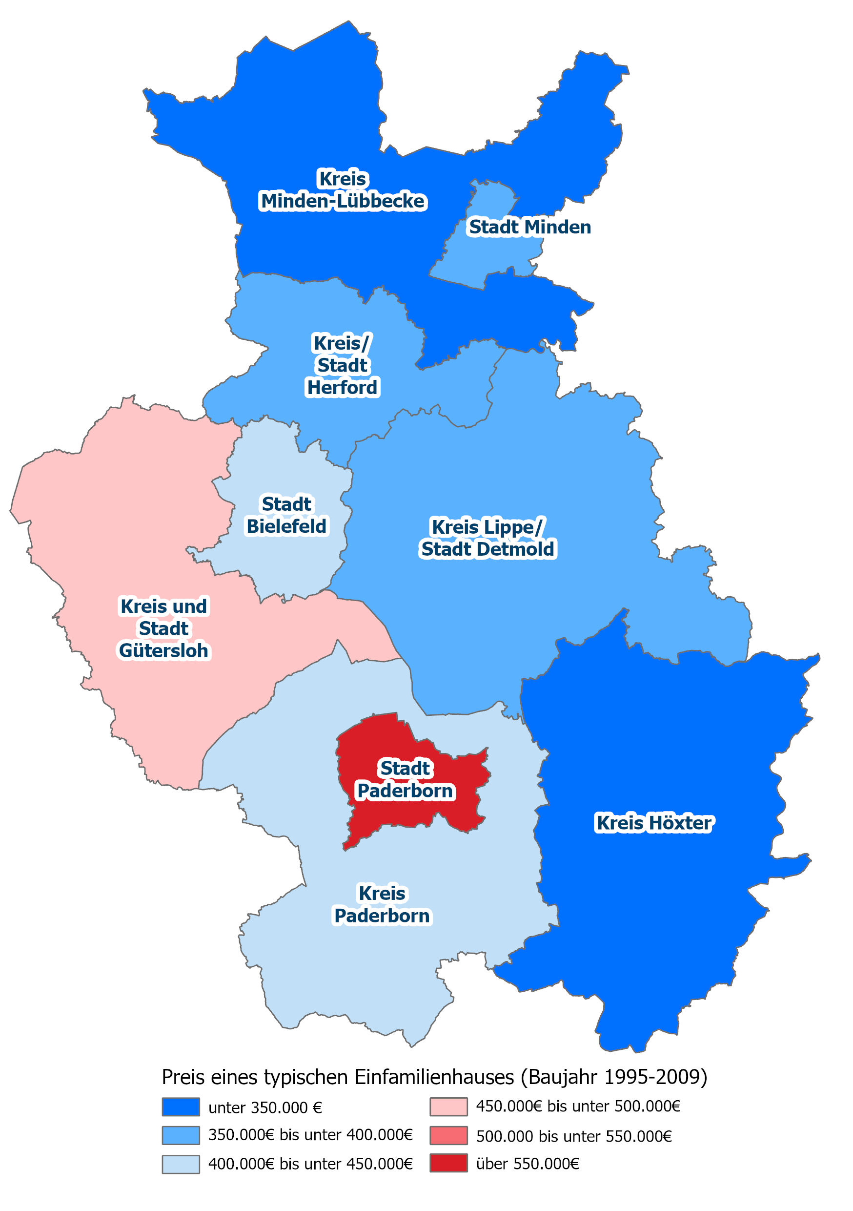 Die Grafik zeigt den durchschnittlichen Preis eines typischen, freistehenden Einfamilienhauses mit einem Baujahr zwischen 1995 und 2009 und einer Grundstücksgröße von 350 bis 800 m².