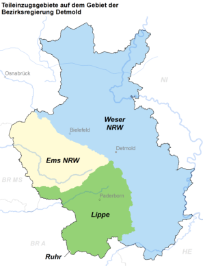 Die Karte zeigt die Teileinzugsgebiete von Weser, Ems und Lippe im Regierungsbezirk Detmold